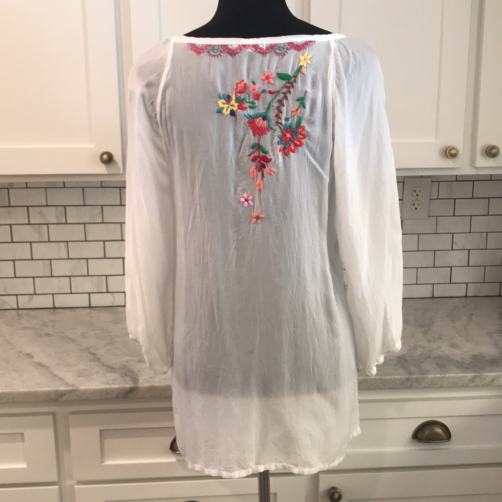 Johnny Was Embroidered Tunic Womens Small White Sheer Silky Floral Boho Fairy - Picture 6 of 11